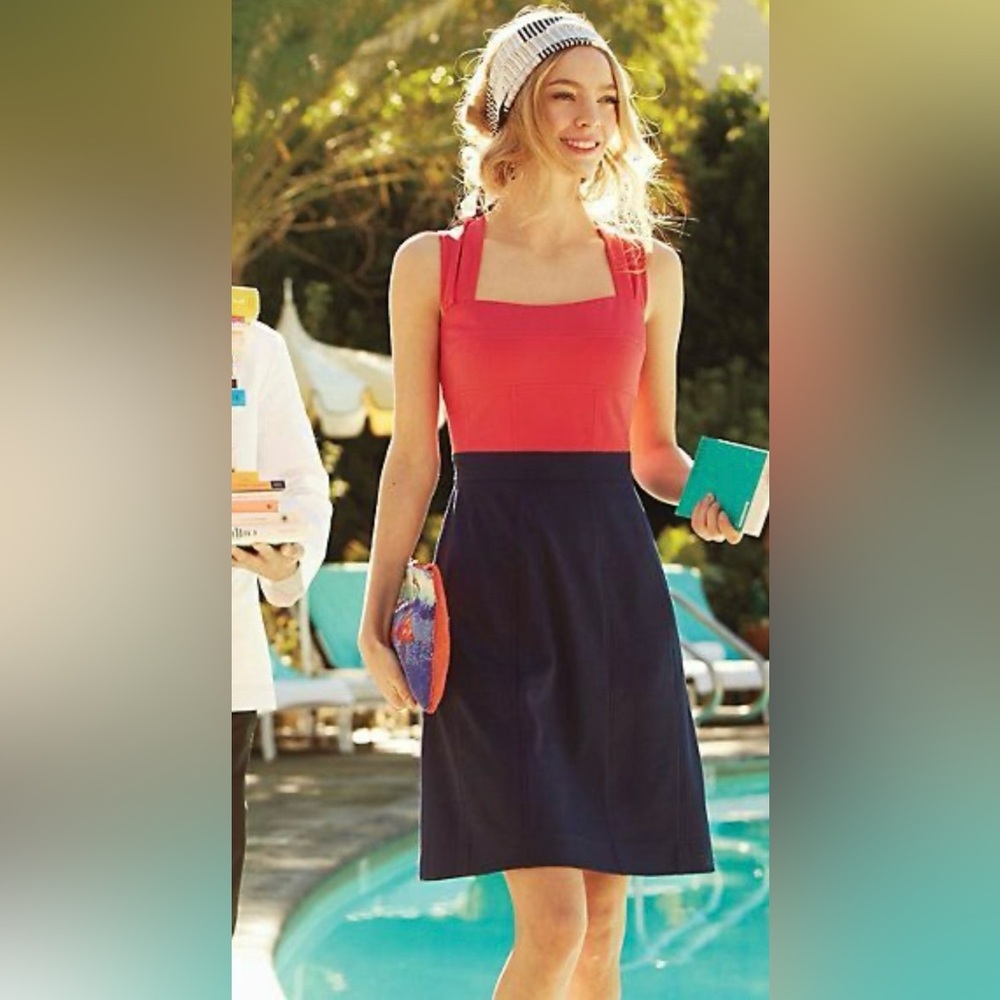 Anthropologie Coral and Navy Midi Dress